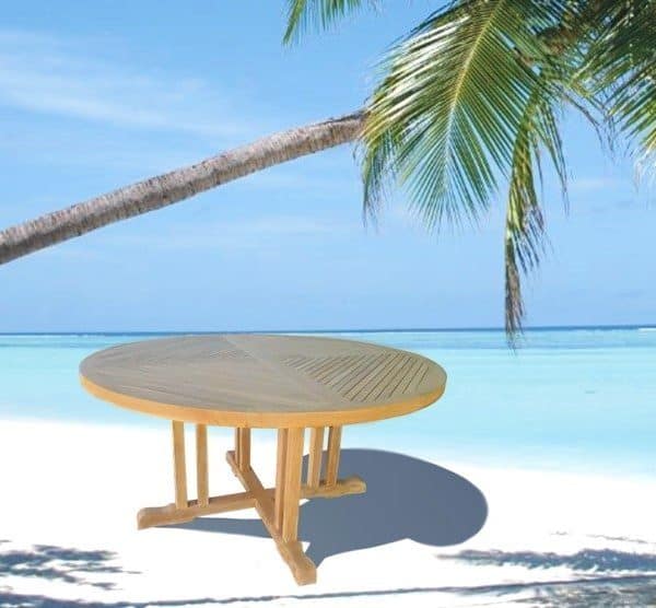 שולחן עץ טיק מהמם בקוטר 160 ס”מ ל10 סועדים