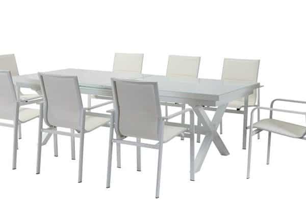 שולחן אלומיניום וזכוכית 240/300/100 נפתח כולל 6 כיסאות אלומיניום