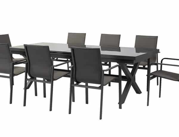 שולחן אלומיניום וזכוכית 240/300/100 נפתח כולל 6 כיסאות אלומיניום